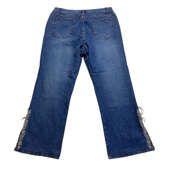 Vintage 80s 90s Boho Super High Rise Embroidered Leather Laces Hem Jeans Sz 22 - Picture 2 of 12
